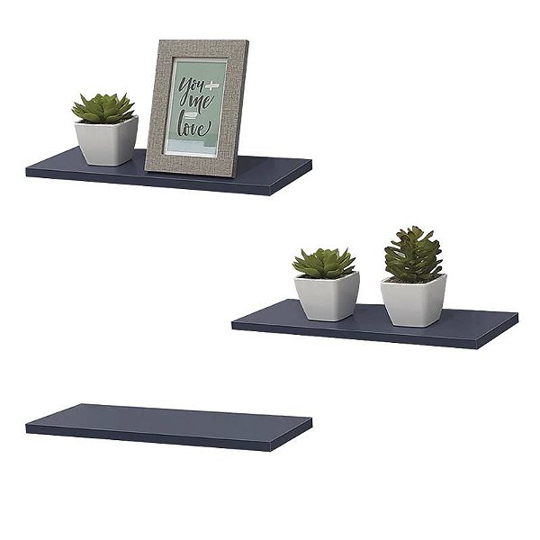 Kit 3 Prateleiras 80 x 10cm azul Suporte Invisível