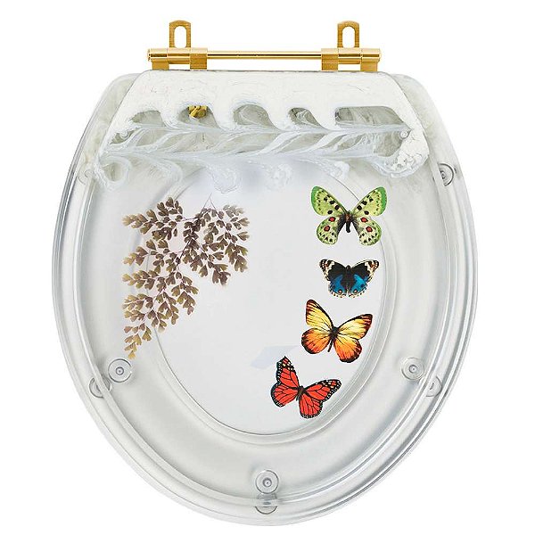 Tampa de Vaso Poliester Oval Decorado Borboletas Com Ferragem Dourada
