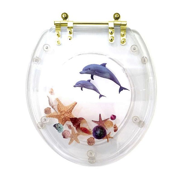 Tampa de Vaso Poliester Oval Transparente Golfinho Conchas Com Ferragem Dourada