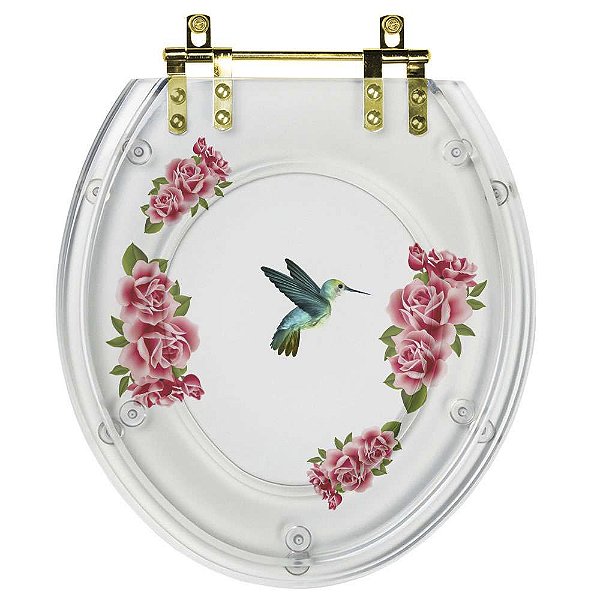 Tampa de Vaso Poliester Oval Transparente Beija Flor Com Ferragem Dourada