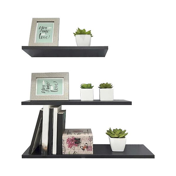 Kit 3 Prateleiras Decorativas Preta 40, 50 e 60cm Sala Quarto