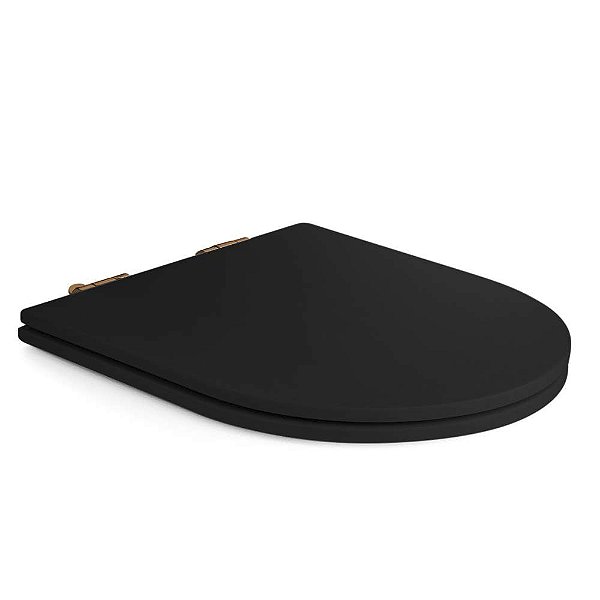 Assento Poliester Soft Close Carrara Preto Fosco Rose Gold para vaso Deca