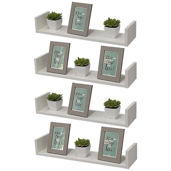 Kit 4 Prateleiras Nichos em U 70x20 MDF Branco com Suporte Flutuante Invisível
