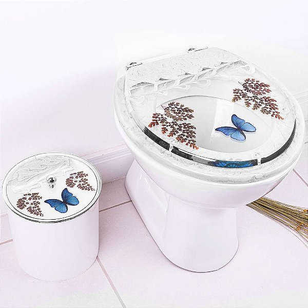 Tampa de Vaso Sanitário Decorada Borboleta com Lixeira Branca