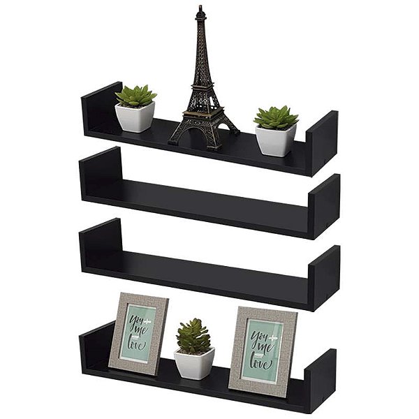 Kit 3 Prateleiras Nichos em U 70x20 MDF Preto com Suporte Flutuante Invisível