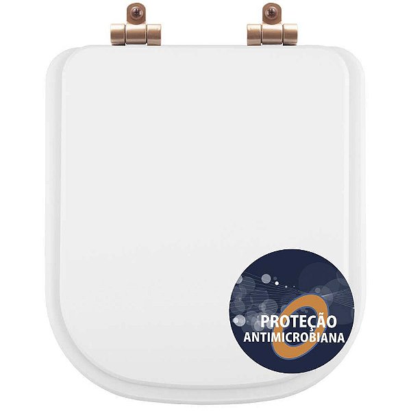 Tampa de Vaso Poliéster Antibactéria Com Amortecedor Piano Branco para Bacia Deca com Ferragem Rose Gold