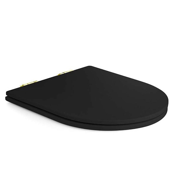 Assento Poliester Soft Close Carrara Preto Fosco para vaso Deca com Ferragem Dourada
