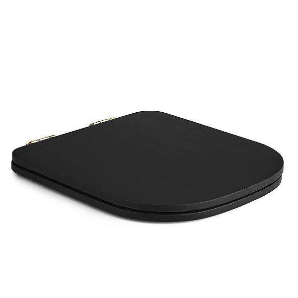 Assento Poliester Soft Close Piano Preto Fosco para vaso Deca com Ferragem Dourada