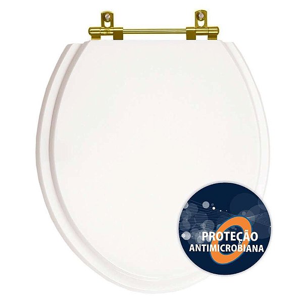 Assento Sanitario Antimicrobiano Convencional Oval Universal Branco com Ferragem Dourada