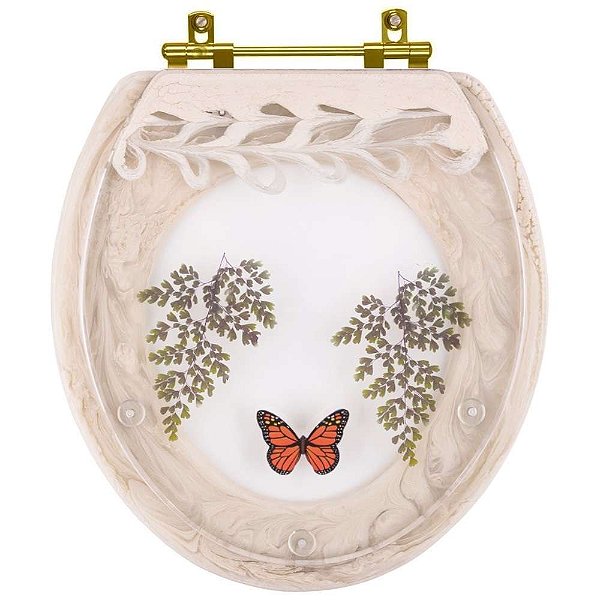 Assento Sanitário Poliester Oval Bege Claro Decorado Borboleta Vermelha Com Ferragem Dourada