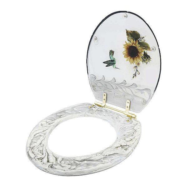 Assento Sanitário Poliester Decorada Convencional Girassol Beija Flor Com Ferragem Dourada
