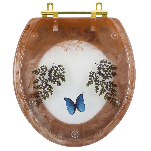 Assento Sanitário Poliester Oval Caramelo Decorado Borboleta Azul Com Ferragem Dourada