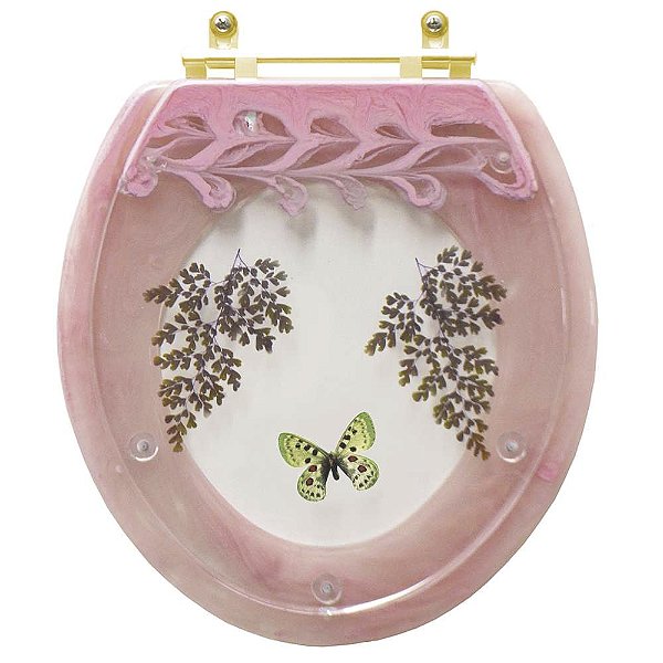 Assento Sanitário Decorado Oval Convencional Rosa Quartzo Com Borboleta Verde para todas as marcas Com Ferragem Dourada