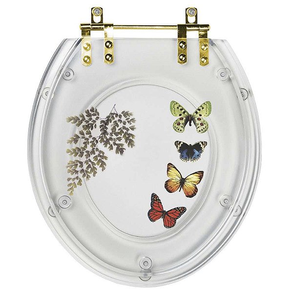 Assento Sanitário Poliester Oval Transparente Decorado Borboletas Com Ferragem Dourada
