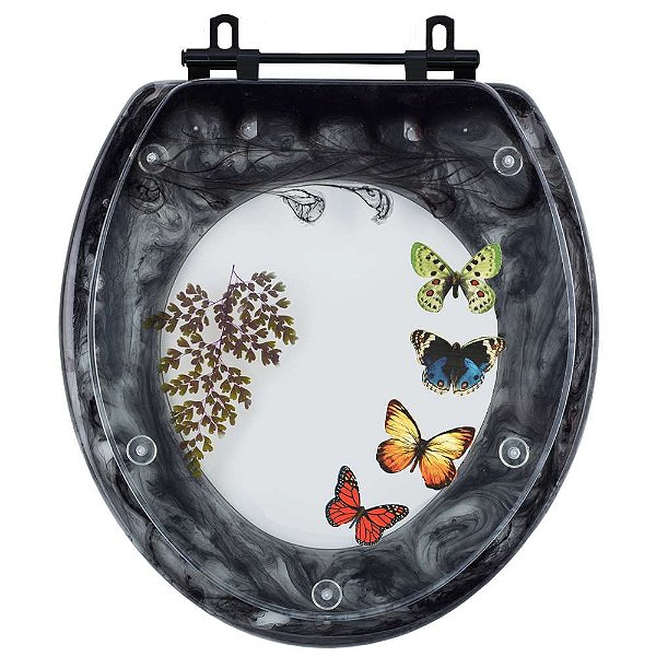 Assento Sanitário Poliéster Oval Convencional Preto com 4 Borboletas para todas as marcas com Ferragem Preta