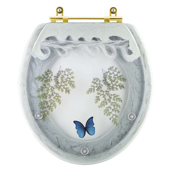 Assento Sanitário Poliester Oval Verde Agua Decorado Borboleta Azul Com Ferragem Dourada