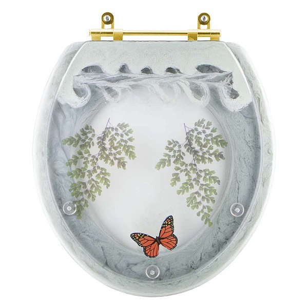 Assento Sanitário Poliester Oval Verde Agua Decorado Borboleta Vermelha Com Ferragem Dourada