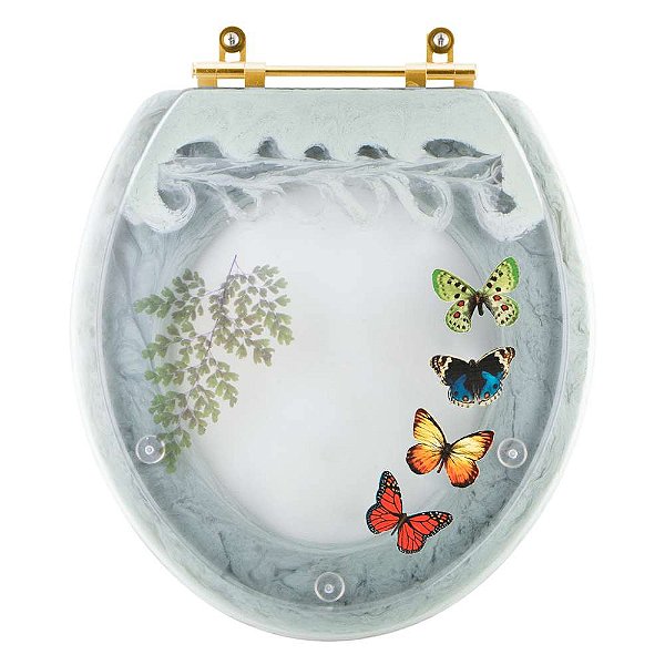 Assento Sanitário Poliester Oval Verde Agua Decorado Borboletas Com Ferragem Dourada