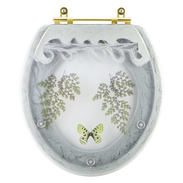 Assento Sanitário Poliester Oval Verde Agua Decorado Borboleta Verde Com Ferragem Dourada