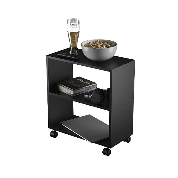 Mesinha Lateral de Apoio Preta Sala Quarto 50 x 47 x 25cm com rodinhas