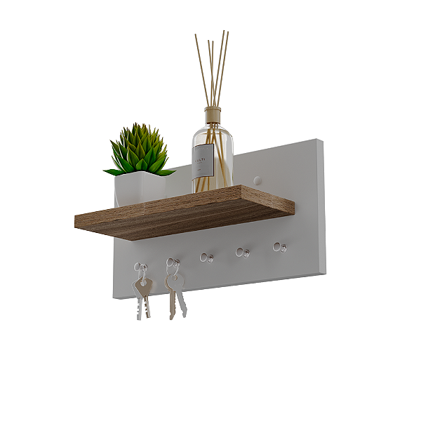 Porta Chaves Minimalista de Parede com 5 pinos Branco e Freijo