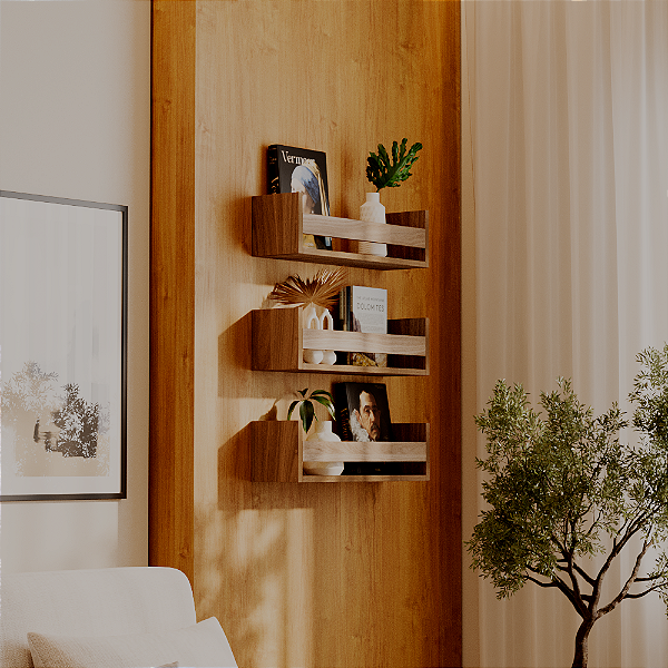 Kit 3 Prateleiras Porta Livros Freijó 60 x 12cm Suporte Invisivel