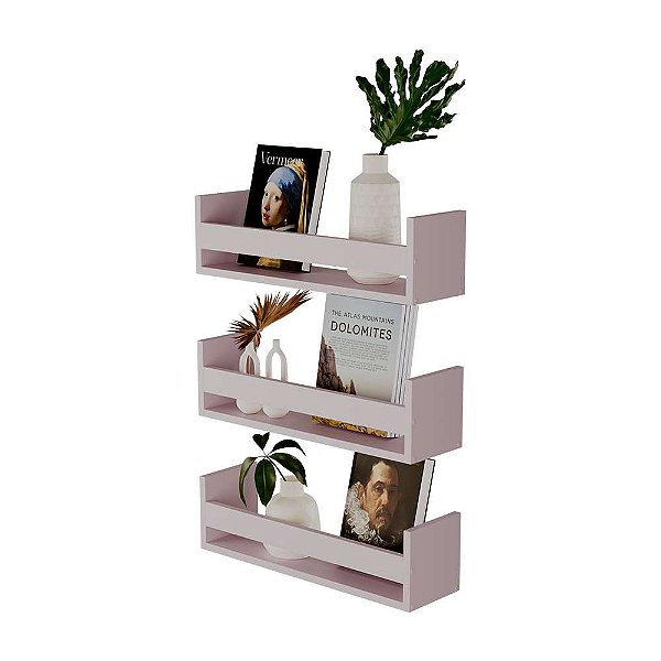 Kit 3 Prateleiras Porta Objetos Rosa 60 x 12cm Suporte Invisivel