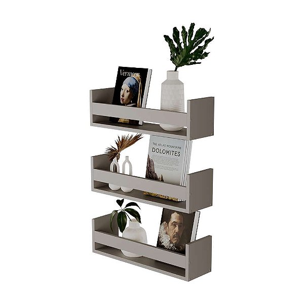 Kit 3 Prateleiras Porta Objetos Cinza Claro 60 x 12cm Suporte Invisivel