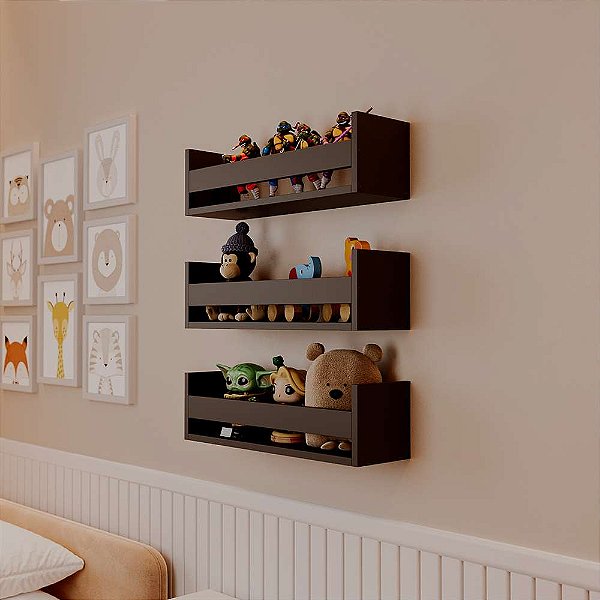 Kit 3 Prateleiras Porta Brinquedos Preta 70 x 12cm Suporte Invisivel