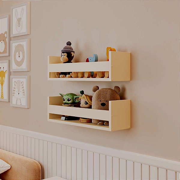 Kit 2 Prateleiras Porta Brinquedos Bege Claro 70 x 12cm Suporte Invisivel