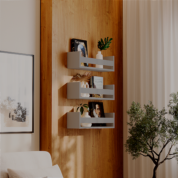 Kit 3 Prateleiras Porta Livros Cinza Claro 70 x 12cm Suporte Invisivel