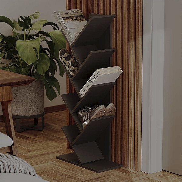 Estante Vertical Zig Zag Organizador Livros e Sapatos Preto