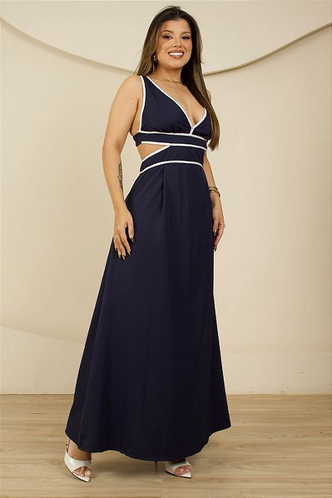 Vestido Longo Azul Marinho com Recortes Laterais