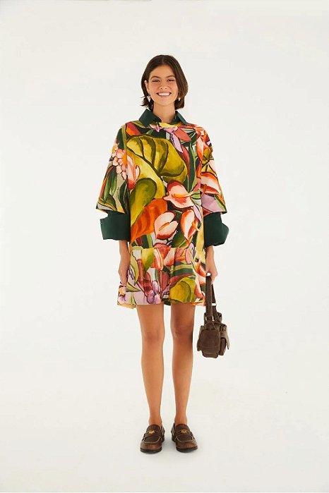 Vestido Curto Estampado Folhagem de Inverno