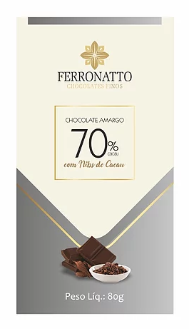 BARRA CHOCOLATE AMARGO 70% C/ NIBS CACAU 80G