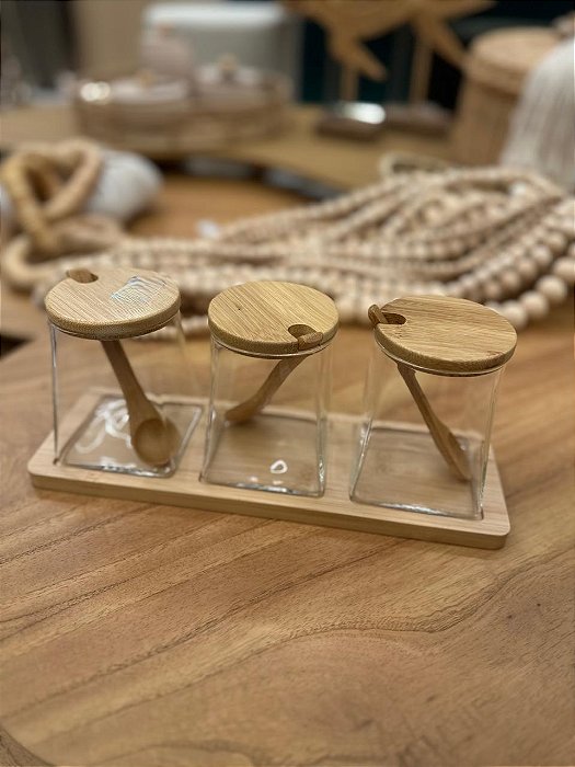 Conjunto 3 Potes Borossilicato Bandeja Bambu