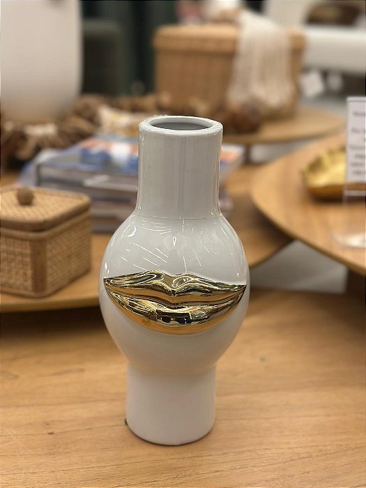 Vaso Cerâmica Branco Dourado