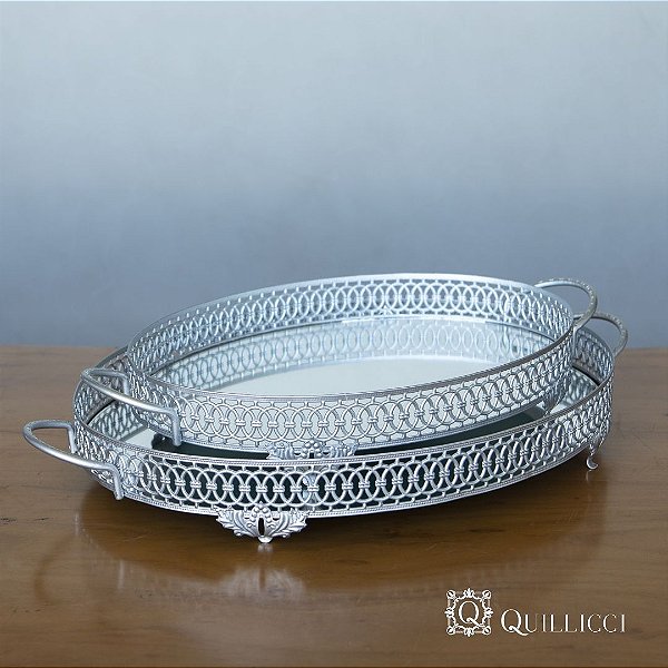 BANDEJA ESPELHADA OVAL DE METAL PRATA - ZFLEX P