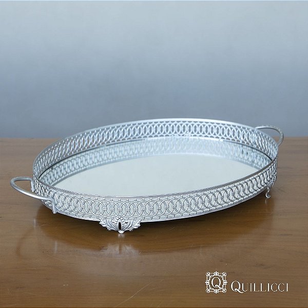 BANDEJA ESPELHADA OVAL DE METAL PRATA - ZFLEX G
