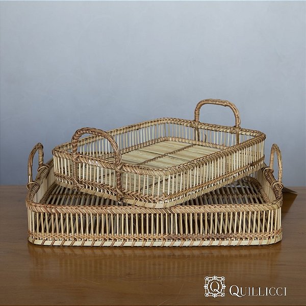 Bandeja Retangular Bamboo com Alcas  TAM P