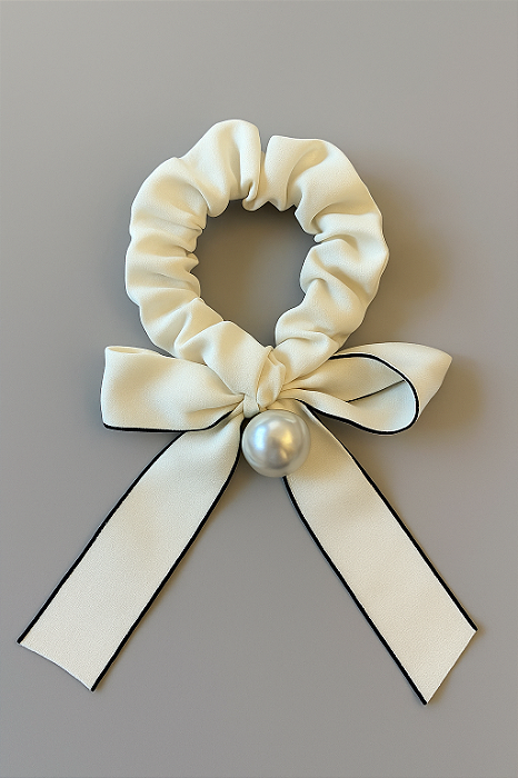 Scrunchie com Laço e Pérola – Off-Whit