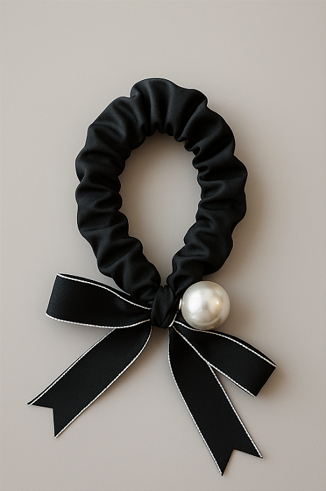 Scrunchie com Laço e Pérola – Preto
