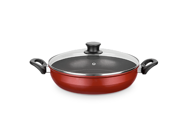 PAELLERA ANTIADERENTE COM TAMPA DE VIDRO VERMELHA 28CM