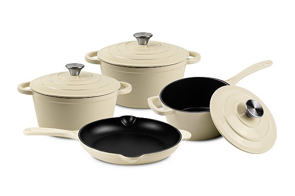 CONJUNTO DE 4 PANELAS MTA FERRO FUNDIDO ESMALTADO BEGE/PRETO