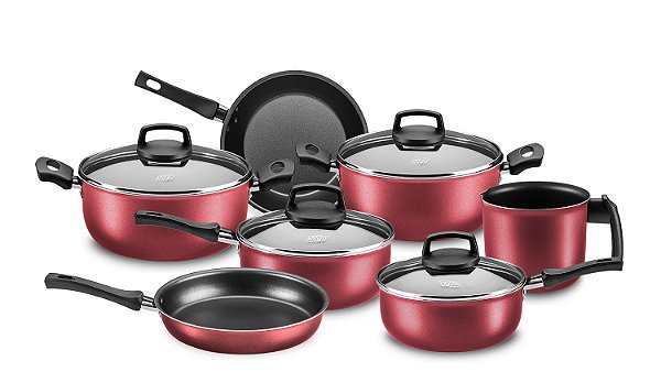 CONJUNTO DE PANELA LINHA CRISTAL MTA CEREJA 7 PEÇAS