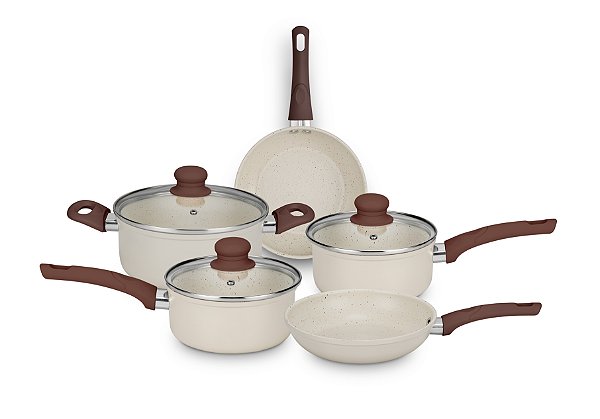 CONJUNTO DE PANELAS 5 PECAS SERENA VANILLA COM TAMPA DE VIDRO E REVESTIMENTO ANTIADERENTE CERAMICO