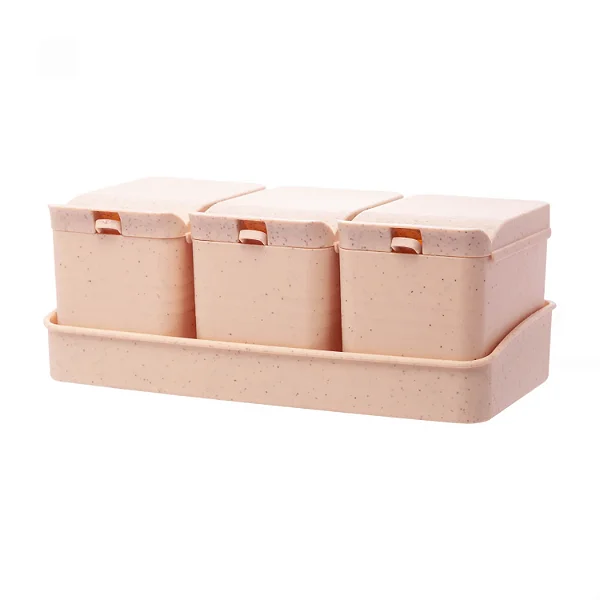 Conjunto de 3 Porta Temperos de Bambu e PP com Colher e Bandeja Lines Rosa - Lyor