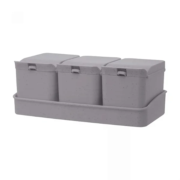 Conjunto 3 Porta Temperos de Bambu e PP com Colher e Bandeja Lines Cinza - LYOR