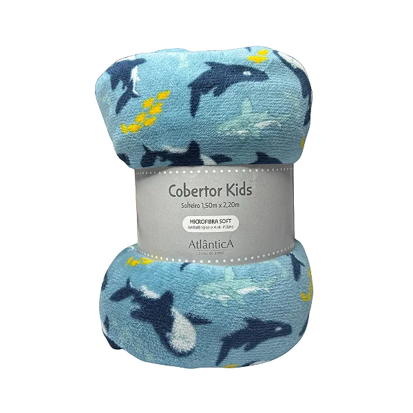 Cobertor Kids Microfibra Soft Tubarões Solteiro 1,50m x 2,20m - ATLÂNTICA