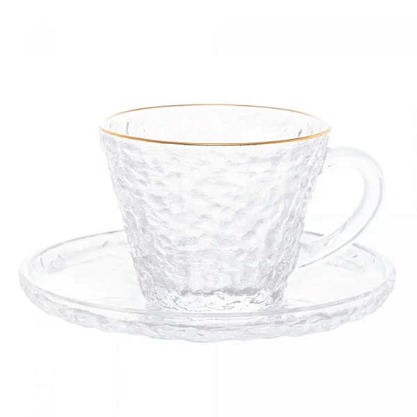 1 Xícara para Chá com Pires de Cristal Martelado com Pires e Fio de Ouro Petra 180ml - LYOR